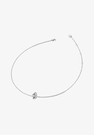 Bracciale in argento con un charm circolare decorato con piccole gemme, un gancio a granchio e lunghezza regolabile.
