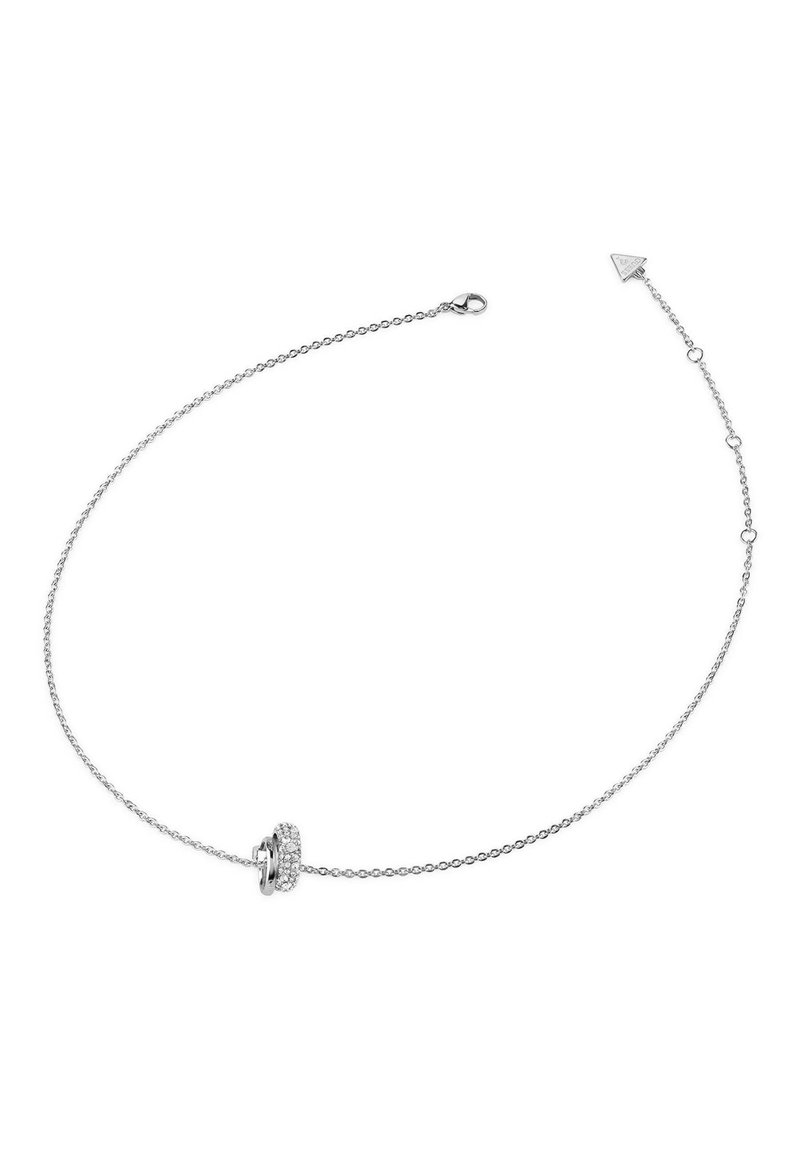 Bracciale in argento con un charm circolare decorato con piccole gemme, un gancio a granchio e lunghezza regolabile.