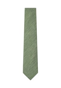 Cravate verte en chevrons avec une finition texturée et une pointe arrondie, présentant un motif subtil sur l'ensemble du tissu.