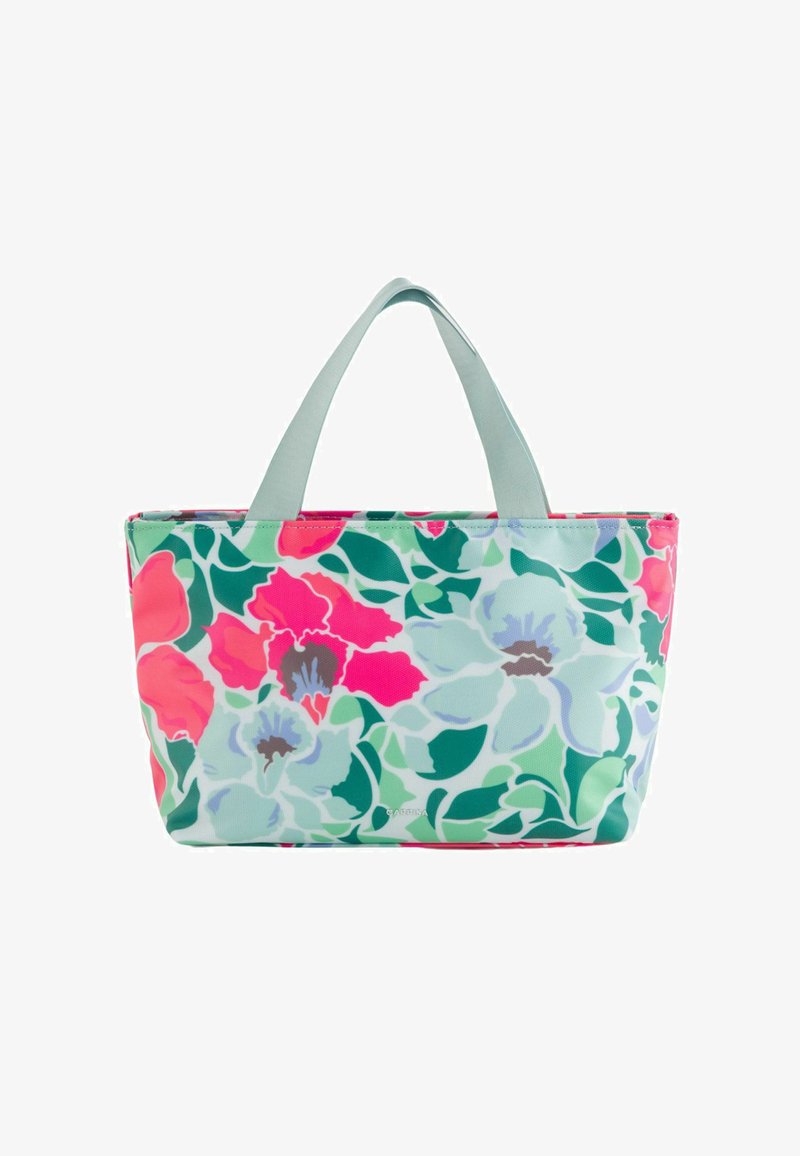 Bloemen tote bag met een mintgroene basis, versierd met roze, rode en groene bloemen. Duurzame buitenkant met dubbele handvatten aan de bovenkant.
