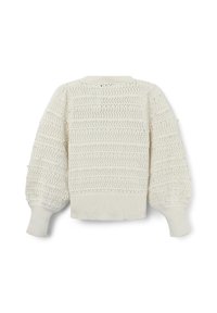 Cremfarbener Strickpullover mit strukturiertem Muster, Ballonärmeln und gerippten Bündchen. Verfügt über ein offenes Webdesign mit horizontalen Streifen.