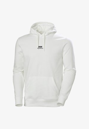 Sweat à capuche en coton blanc avec une poche kangourou, une capuche à cordon et un logo "Holly-Hansen" noir sur la poitrine. Texture lisse, manches longues.