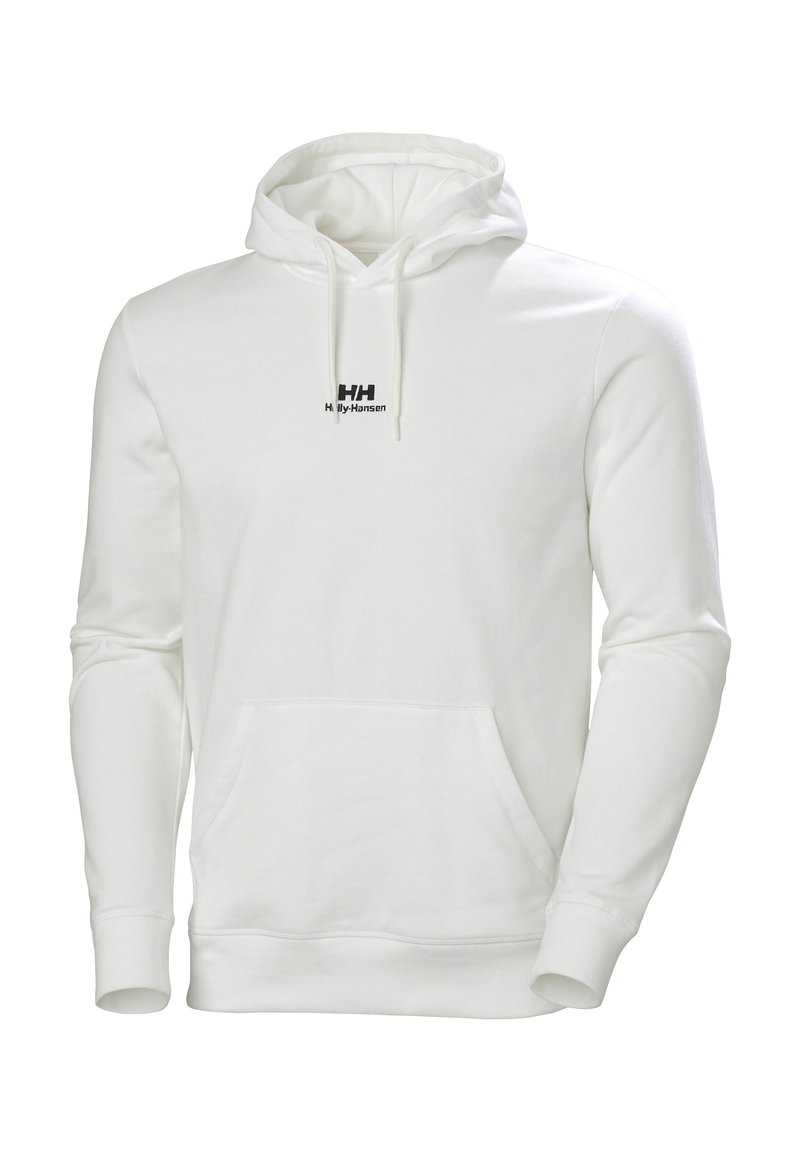 Sweat à capuche en coton blanc avec une poche kangourou, une capuche à cordon et un logo "Holly-Hansen" noir sur la poitrine. Texture lisse, manches longues.