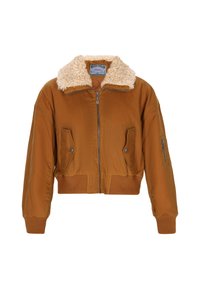 Giacca bomber marrone con un morbido colletto in shearling bianco sporco, chiusura frontale con zip, polsini a costine e due tasche laterali. Presenta una tasca su un braccio.