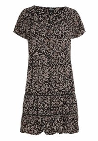 Lyhythihainen musta mekko, jossa on vaaleanpunaisia ja kermaisia kukkakuosisia yksityiskohtia, jossa on nappikiinnitys edessä ja kerroksellinen röyhelöhelma.