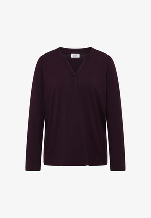 Maglietta a manica lunga di colore viola scuro, con scollo a V e una piccola apertura, realizzata in un tessuto morbido, con una vestibilità comoda e senza motivi visibili.