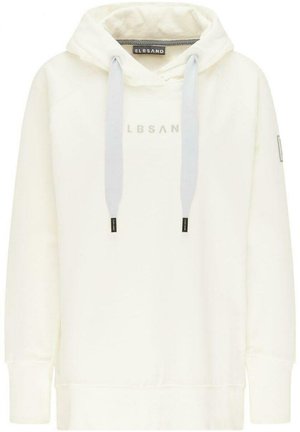 Kremowa bluza z kapturem z długimi rękawami, z logo z przodu, szerokimi szarymi sznurkami oraz ściągaczami na mankietach i u dołu.