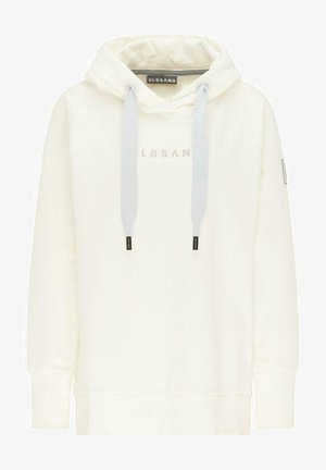 Kremowa bluza z kapturem z długimi rękawami, z logo z przodu, szerokimi szarymi sznurkami oraz ściągaczami na mankietach i u dołu.