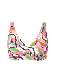 Top bikini colorato con scollatura a V profonda, caratterizzato da un vivace motivo astratto in rosa, verde e arancione. Realizzato in tessuto liscio e elastico.