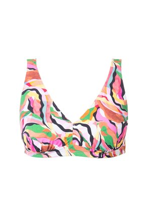 Kleurvolle bikini top met een diepe V-hals, voorzien van een levendig abstract patroon in roze, groen en oranje. Gemaakt van soepel, rekbaar materiaal.