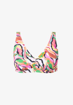 Kolorowa bikini góra z głębokim dekoltem w kształcie V, z żywym abstrakcyjnym wzorem w odcieniach różu, zieleni i pomarańczy. Wykonana z gładkiego, elastycznego materiału.