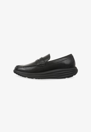 Black leather loafer with a smooth finish, featuring a stitched accent on the front and a textured rubber sole for grip and comfort.