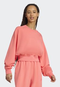 Ružový skrátený sveter s dlhými, nafúknutými rukávmi a rebrovaným pásom. Vyrobený z mäkkej tkaniny, má zaoblený výstrih a elastické manžety.