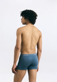 Vīriešu zili kokvilnas bokseršortos ar pieguļošu dizainu, elastīgu jostasvietu ar "Calvin Klein" zīmolu. Gluda tekstūra, vidēja garuma.