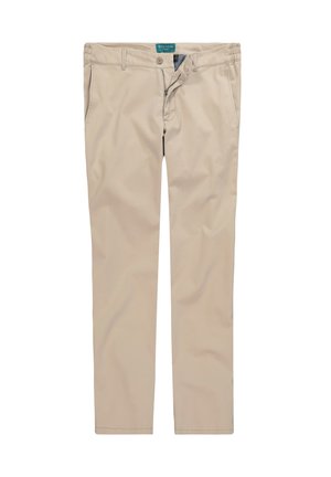Beige Slim-Fit-Hose mit teilweise geöffnetem Reißverschluss, Knopfverschluss, Gürtelschlaufen und Seitentaschen, mit der Aufschrift Boston Park.