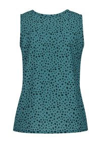 Mouwloze turkooise top met onregelmatige zwarte vlekken over de gehele stof, met een ronde halslijn en een getailleerde taille.
