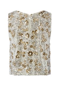 Top bez rękawów z białej tkaniny ozdobiony złotymi i srebrnymi cekinami, z motywami kwiatowymi oraz wycięciem w kształcie klucza na plecach.