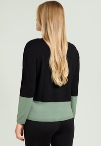 Maglione a blocchi di colore nero e verde, trama a maglia, design corto, maniche lunghe con accenti verdi, stile minimalista.