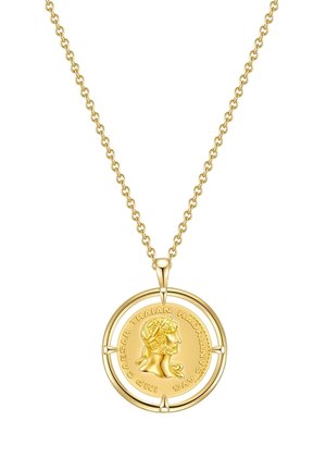 Collier en or avec pendentif en forme de pièce ronde représentant le profil d'un empereur romain et une inscription latine autour du bord.