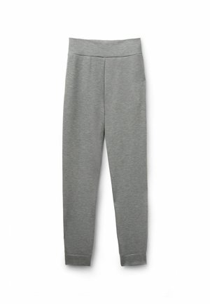 Pantalon gris taille haute effilé avec une large ceinture et des chevilles retroussées, fabriqué dans un tissu doux et extensible, idéal pour une tenue décontractée.
