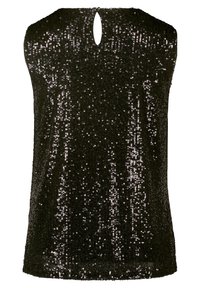 Svart paljettopp med ärmlös design, en nyckelhålsrygg och en slät textur som framhäver dess reflekterande yta.