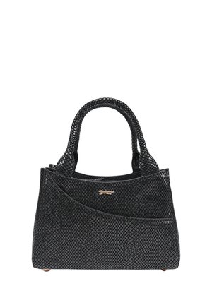 Sac à main noir texturé avec un motif reptilien, poignées doubles, accents avant angulaires, et un petit logo métallique sur le devant.