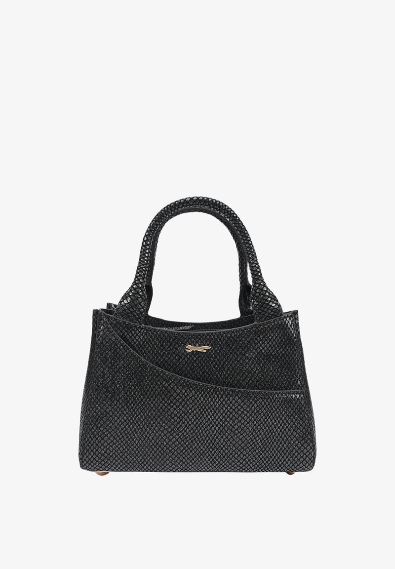 Black textured handbag with a reptile pattern, dual handles, angled front accents, and a small metallic logo detail on the front.