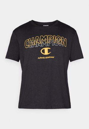 Czarna bawełniana koszulka z wyrazistym żółto-białym napisem "CHAMPION" oraz logo "Authentic Athleticwear", z okrągłym dekoltem i krótkimi rękawami.
