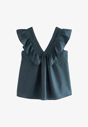 Donkergroene mouwloze blouse met diepe V-hals en brede geplooide rand langs de schouders en halslijn.