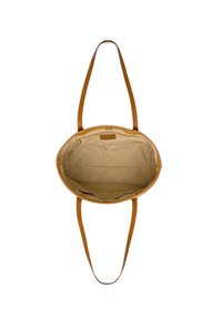 Borsa tote in pelle color tan con forma arrotondata. Interno foderato in tessuto beige con una tasca con zip e motivo del logo. Lunghe tracolle in pelle.