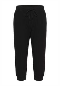 Pantalon court noir décontracté avec taille élastique et cordon, jambes fuselées et ourlets repliés.