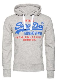 Szara bluza z kapturem wykonana z mieszanki bawełny. Posiada kaptur ze sznurkiem, przednią kieszeń kangurkę oraz wyrazisty niebiesko-czerwony napis logo.