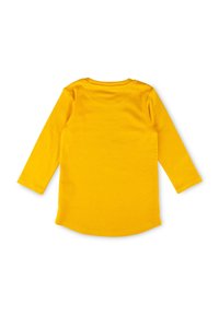 Bright yellow long-sleeve shirt with round neckline, displayed flat facing backward on a white background.