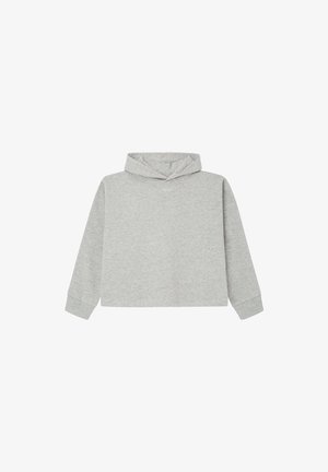 Jasnoszara bluza z kapturem i długim rękawem, z prążkowanymi mankietami i luźnym krojem, przedstawiona na białym tle.