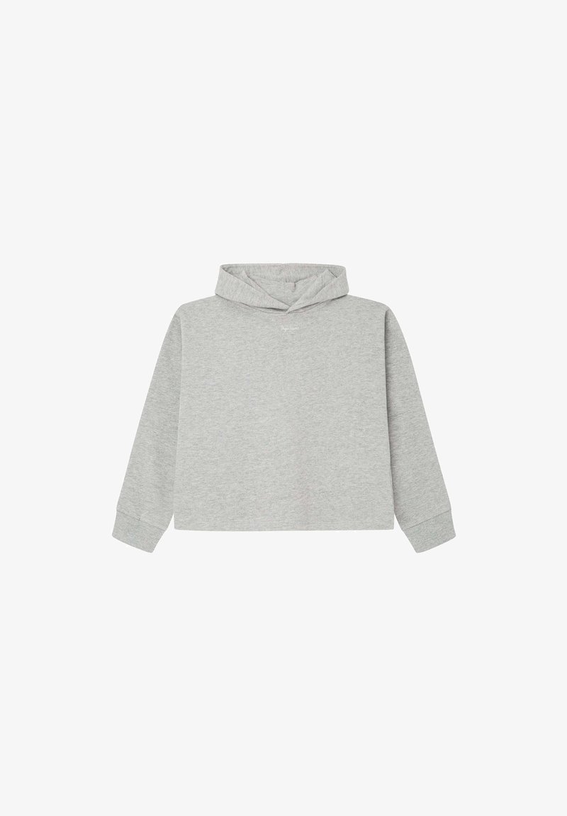 Sweat à capuche à manches longues gris clair avec poignets côtelés et coupe décontractée, présenté sur un fond blanc.