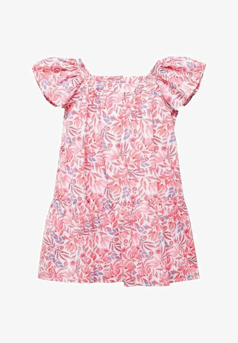 Robe florale avec de courtes manches bouffantes, motifs de feuilles roses et violettes sur un fond clair, jupe à volants, en tissu léger.