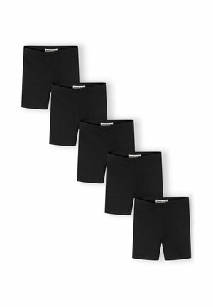 Pięć par jednokolorowych czarnych krótkich spodenek do kolan ułożonych diagonalnie na białym tle.