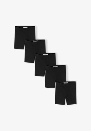 Cinq paires de shorts noirs unis, longueur genou, disposées en diagonale sur un fond blanc.