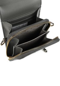 Gray leather wallet with gold zipper, featuring two compartments and multiple card slots. Interior has a textured pattern.