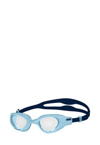 Occhialini da nuoto azzurri chiari con lenti trasparenti, montatura in silicone morbido e cinturino navy regolabile, dotati di una superficie texturizzata per una migliore presa.
