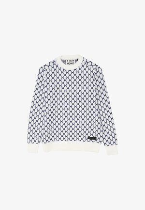 Maglione bianco con motivo a rombi blu navy, colletto a coste, polsini e orlo, e un piccolo etichetta nera vicino all'orlo inferiore.