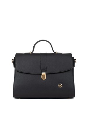 Czarna teksturowana skórzana torebka z uchwytem u góry, przednią klapą, złotym zapięciem i małym okrągłym złotym logo na dolnej prawej stronie.