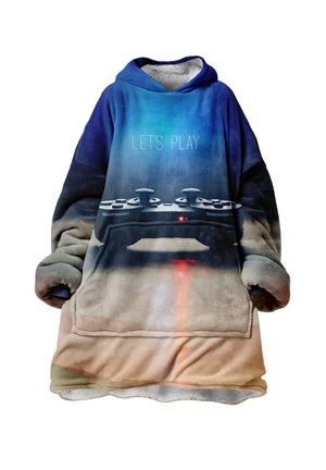 Fleecegefütterter übergroßer Hoodie in verlaufendem Blau und Beige mit einem Design eines Gaming-Controllers und dem Text "LET'S PLAY" auf der Vorderseite.