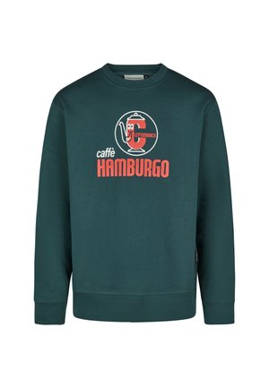 Dunkelgrüner Pullover mit einem roten und weißen Kaffeekannen-Logo sowie dem Text "caffè HAMBURGO" und "LEPTOMANICK" auf der Vorderseite.