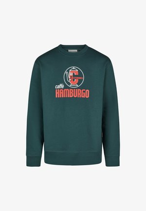 Dark green sweatshirt with a red and white coffee pot logo and text "caffè HAMBURGO" and "LEPTOMANICK" on the front.
