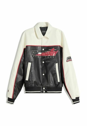 Black and cream leather jacket with a contrasting red stripe, featuring a prominent "Raceway" logo, snap buttons, and two side pockets.