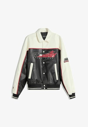 Black and cream leather jacket with a contrasting red stripe, featuring a prominent "Raceway" logo, snap buttons, and two side pockets.