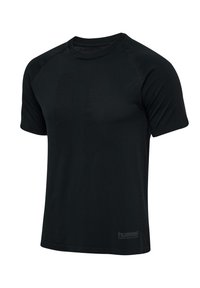 Zwarte sportieve t-shirt met korte mouwen van lichtgewicht stof, met een ronde hals, raglanmouwen en een subtiele logo onderaan.