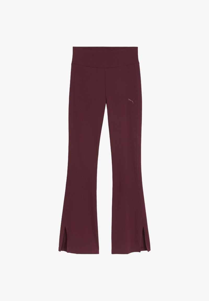 Bordo laiendavad püksid, mis on valmistatud pehmest kangast, külgedel lõhedega ja laia vöökohaga. Vasakul puusal logo detail.