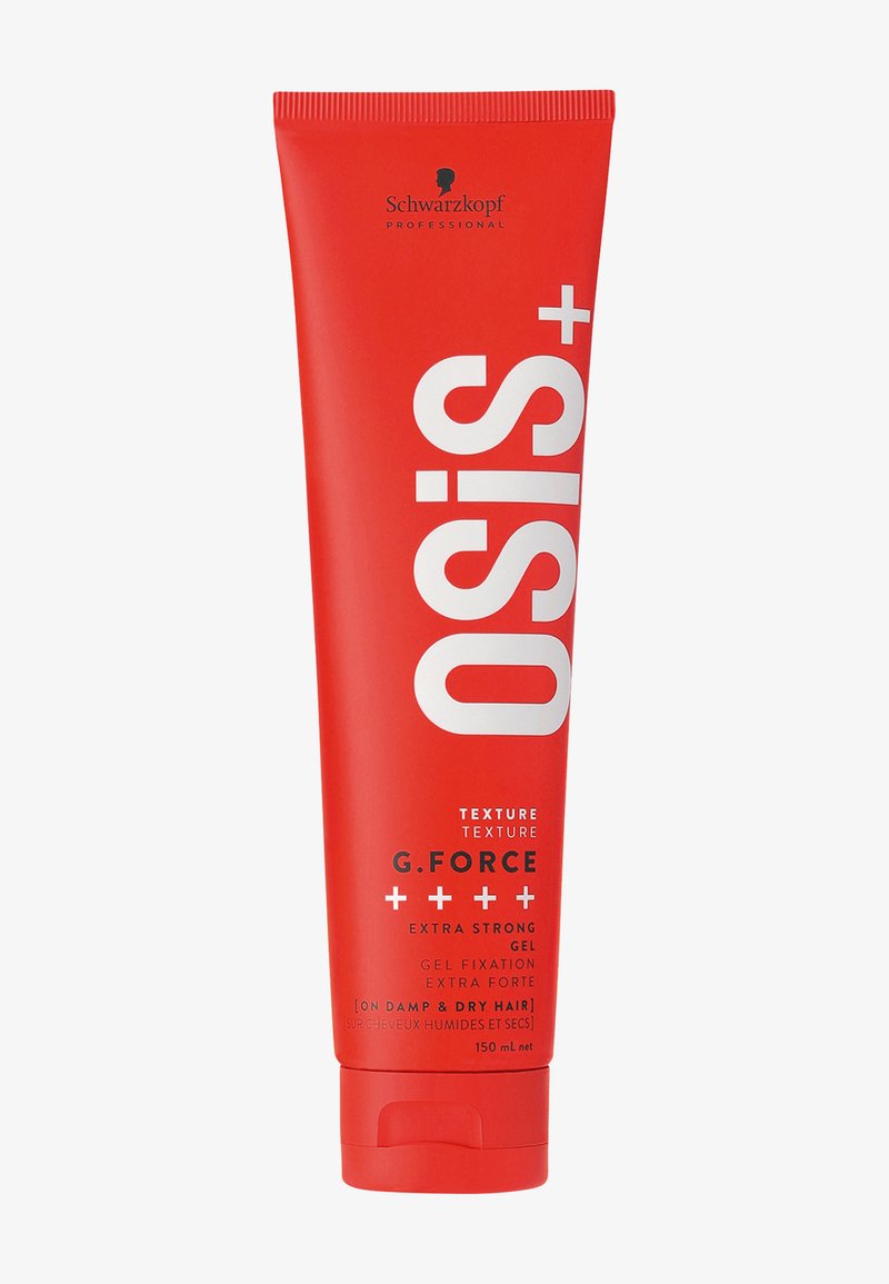 Röd tub med Osis+ G.Force hårgel, med vit text för produktnamn och detaljer. Inkluderar flip-top lock, 150 mL volym. Slät textur.